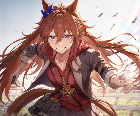 1girl,masked_sankanba,(umamusume),horse tail,horse ears,perfect anatomy,illustration,an extremelydelicate and beautiful,masterpiece,newest,absurdres,best quality,Cinematic Lighting,colorful,highres,solo,long hair,eyes visible through hair,hair between eyes,looking at viewer,<lora:masked_sankanba-XL_v002:1>,running,(Longchamp Racecourse:1.3)