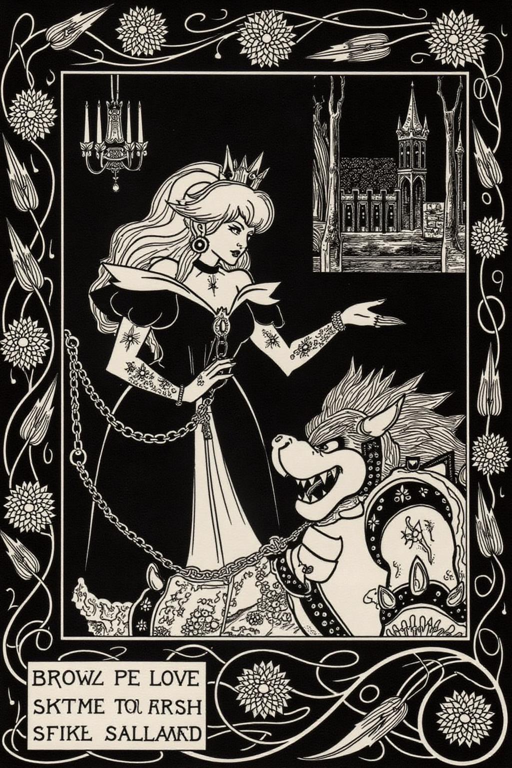 aubea1 illustration. A gothic Princess Peach, adorned in a striking black alternative costume, confidently dominates a defeated Bowser with a gleaming chain. Intricate tattoos and piercings enhance her fierce aura, set against a dark, moody castle backdrop. Caption text box at bottom left corner says "Sit!" <lora:aubea2_cap_d6a3:1.0><lora:823908266779237873:0>