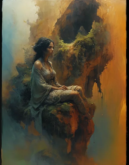 illustration, concept art, dynamic composition, An Aboriginal woman, draped in tattered cloth, sits atop a moss-covered, intricately carved stone sculpture within a cave. The scene evokes a sense of mystery and forgotten knowledge, with the woman as its silent guardian, treading on artstation, (style of Pascal Blanché, Mark Demsteader, Craig Mullins, Okuda San Miguel, Tom Bagshaw, artgerm:1.2)