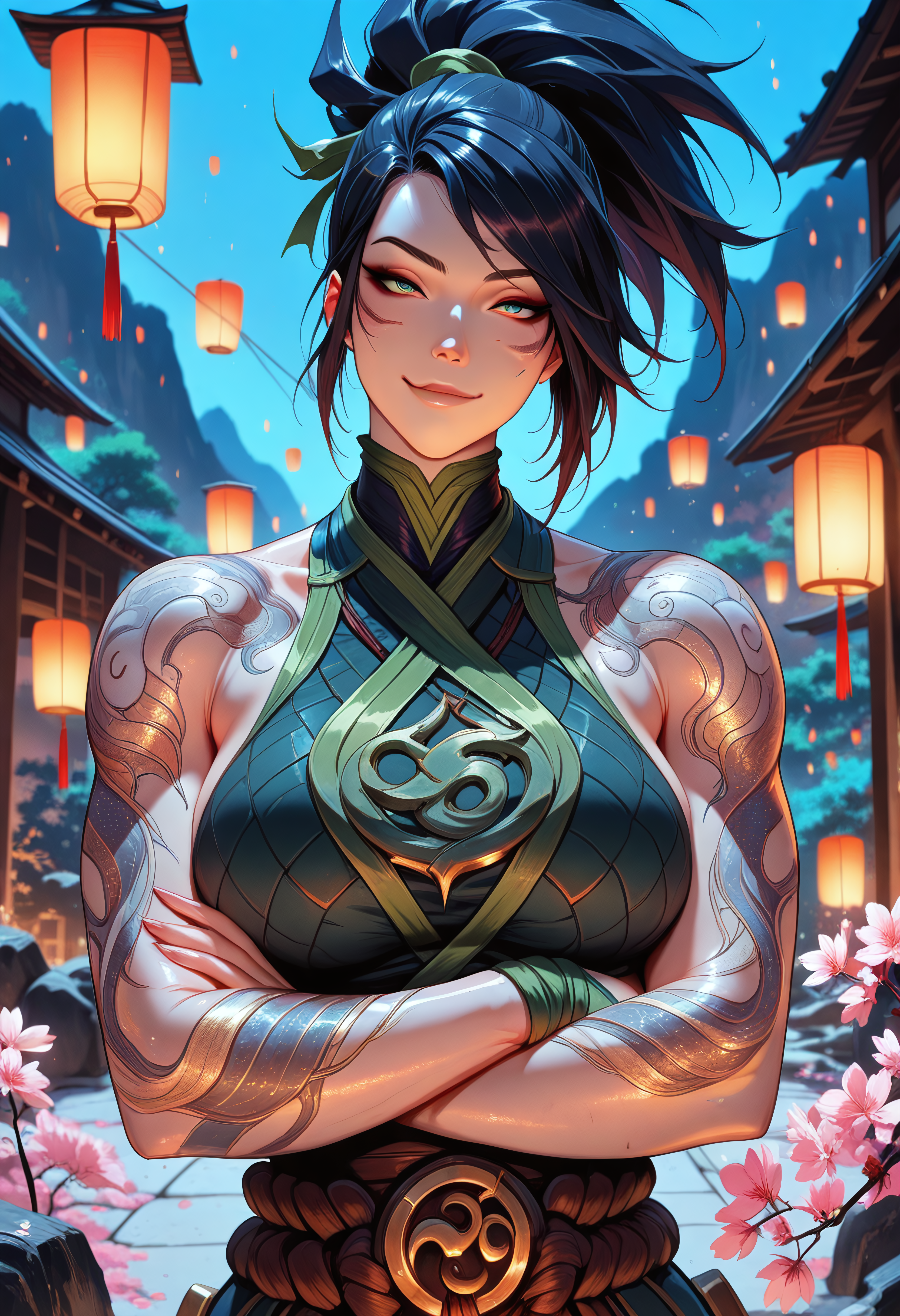 highres, very detailed, amazing quality, masterpiece,
very aesthetic,
glitter, particle effect,
1girl, Akali, league of legends, upper body, (breasts, huge breasts, large breasts,), muscular, from front, looking at viewer, dragon tattoo, tattoo, tattoos, Smirk, cocky smirk, scoff, head tilted, 
Arms crossed, 

Japanese themed, At night, night, sky Lanterns, Nature temple, top of a mountain, cherry blossoms, 