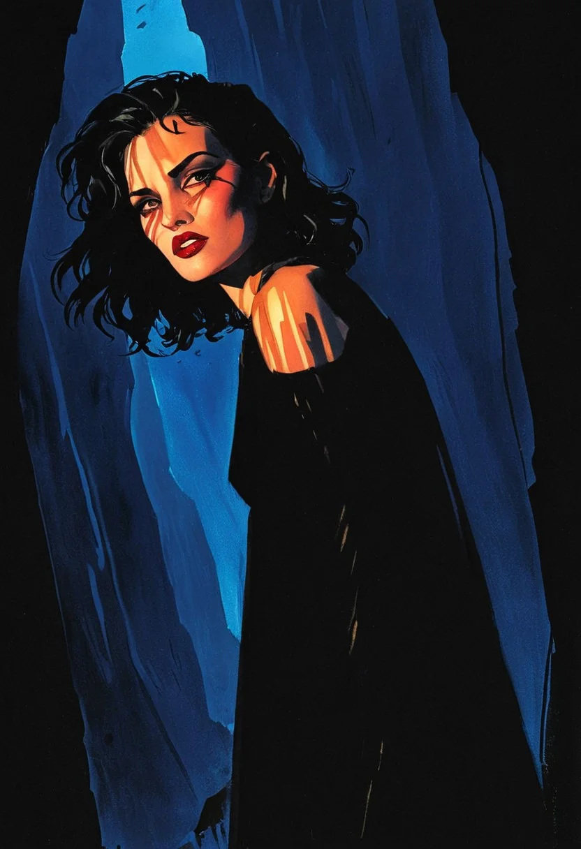 (Masterpiece, Best Quality, Highres:1.4), (dramatic, cinematic:1.2) color wash, ink wash, illustration, storytelling, A cinematic, comic book cover depicting dark-haired pale pallid white Ritter as vampire nomad in extraterrestrial canyon with unusual bluish nighttime sky and asymmetrical structures in the background, she is partially cloaked in darkness, high contrast, strong contrast between light and shadow, solo, neo-noir ethereal portrait, chrome-kissed halides, golden venetian blind streaks of light running across the face with the rest of the room surrounded by deep shadows, slicing across their face and shoulder in alternating bands. The scene evokes 1940s noir with a modern twist—polished, seductive, and full of latent danger., aidmamj6.1, 3xpr3sgg0th1cn30n1nc4s3, ExpresHGothicNeonIncaseUOC, ExpresHGothicNeonIncase,