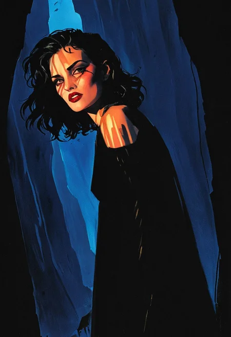 (Masterpiece, Best Quality, Highres:1.4), (dramatic, cinematic:1.2) color wash, ink wash, illustration, storytelling, A cinematic, comic book cover depicting dark-haired pale pallid white Ritter as vampire nomad in extraterrestrial canyon with unusual bluish nighttime sky and asymmetrical structures in the background, she is partially cloaked in darkness, high contrast, strong contrast between light and shadow, solo, neo-noir ethereal portrait, chrome-kissed halides, golden venetian blind streaks of light running across the face with the rest of the room surrounded by deep shadows, slicing across their face and shoulder in alternating bands. The scene evokes 1940s noir with a modern twist—polished, seductive, and full of latent danger., aidmamj6.1, 3xpr3sgg0th1cn30n1nc4s3, ExpresHGothicNeonIncaseUOC, ExpresHGothicNeonIncase,