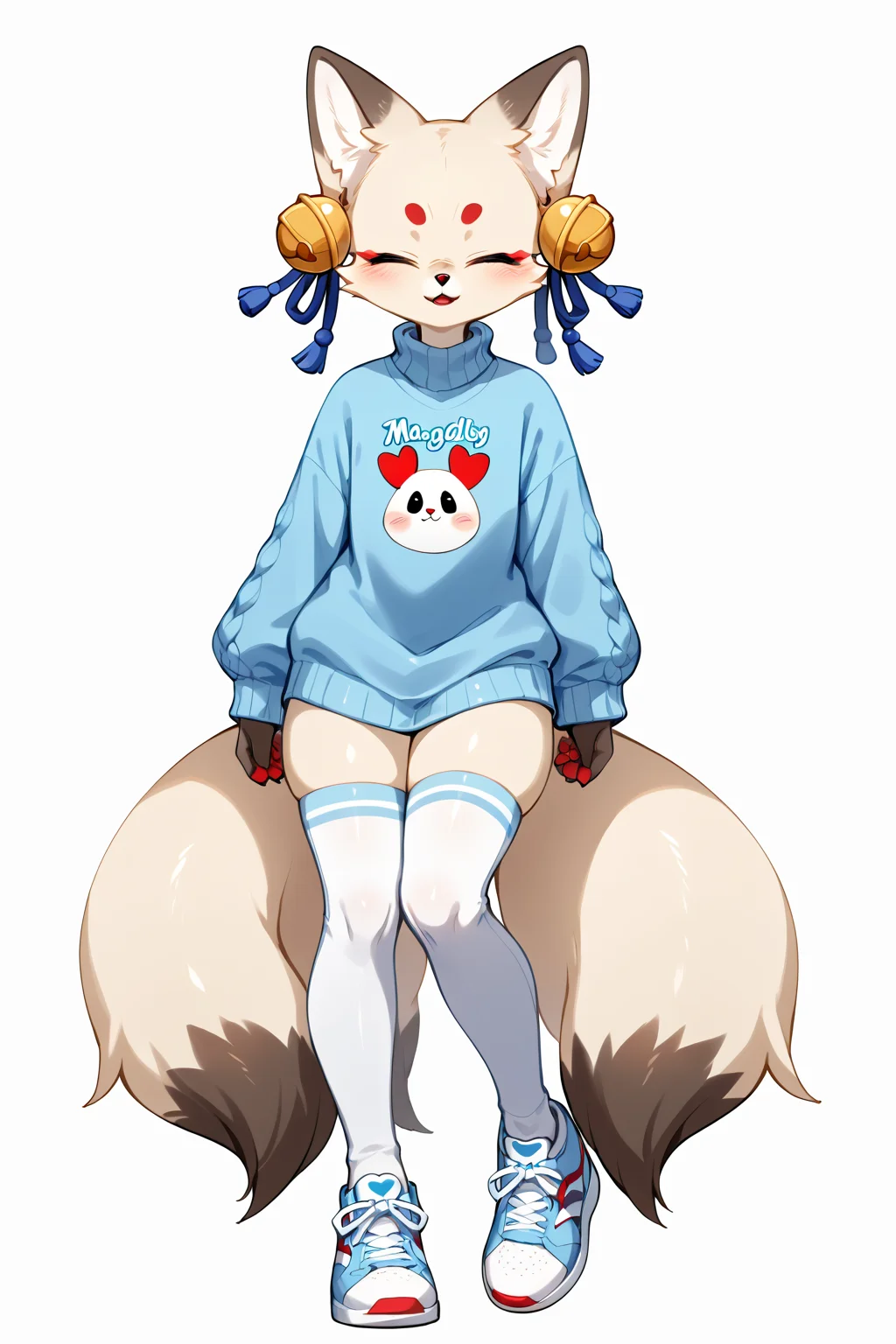 digital media (artwork), hi_res, score_9, score_8_up, score_7_up, score_6_up, score_5_up, score_4_up, BREAK,  <lora:Smooth Anime 2 Style SDXL_LoRA_Pony Diffusion V6 XL:0.7>, <lora:Expressive_H:0.8> Expressiveh,  <lora:Expressive_H:0.8> Expressiveh, <lora:Miki - JellyEnvy's Oc v2:0.8> Miki, anthro, female, fox, (white fur, white body), flat chested, bell, slim, eyes closed, kemono, thick thighs, wide hips, multi tails, thigh highs, 80s Retro: Neon leggings, oversized sweater, and high-top sneakers., Leaning back with arms outstretched looking relaxed