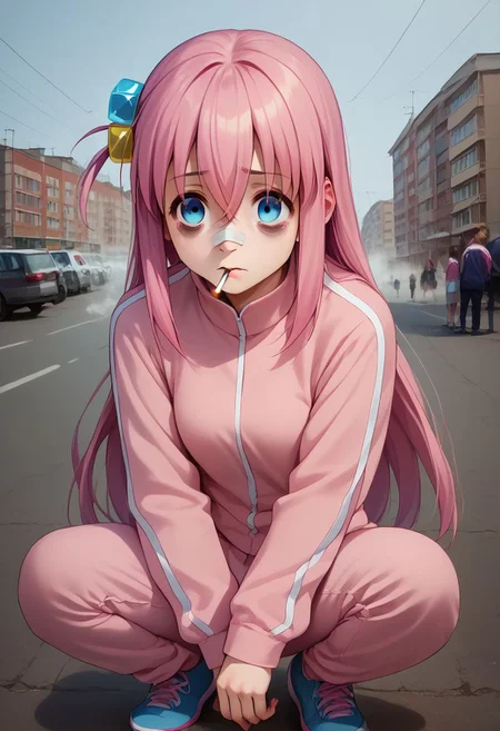 score_9, score_8_up, score_7_up, score_6_up, 1girl, squatting, smoking, fog, realistic, photo, hitori gotou, blue eyes, cube hair ornament, hair between eyes, hair ornament, pink hair, one side up, long hair, jacket, long sleeves, pants, pink jacket, pink pants, pleated skirt, track pants, track suit, city background, bags under eyes, bandage over nose, animeirl