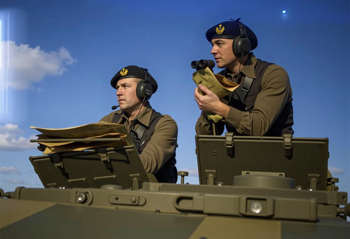 An image of a WWII battlefield. Two men wearing black berets are half-peeking out of a tank hatch, watching the battle. They have headphones on their heads, map and binoculars in hand, carefully examining their surroundings.,<lora:British_37_Pattern_Battledress_Uniform_Flux (1):0.8>