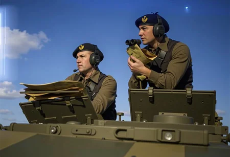 An image of a WWII battlefield. Two men wearing black berets are half-peeking out of a tank hatch, watching the battle. They have headphones on their heads, map and binoculars in hand, carefully examining their surroundings.,<lora:British_37_Pattern_Battledress_Uniform_Flux (1):0.8>
