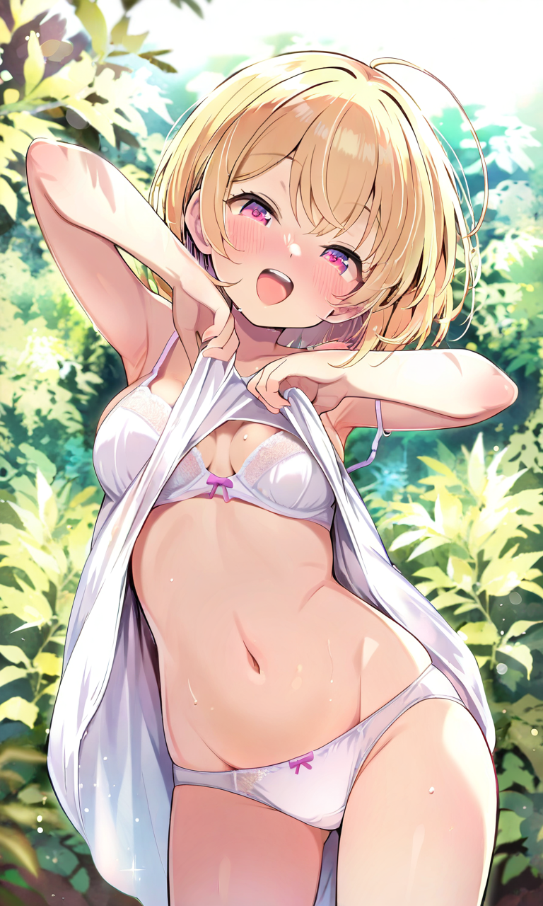 solo, 1girl, medium breasts, only upper teeth, smile, mouth open, blush, blonde hair, BREAK white sundress, white panties, undressing, white bra, groin, dress lift, self lift, BREAK outskirts, outdoors, portrait, leaning to viewer, BREAK ((ultra-detailed)), ((best quality)), ((beautiful eyes)), ((extremely detailed)), 4K, (8K), best quality, (beautiful), Master piece, highres, best quality, official art, highres, masterpiece, detailed background, high quality background