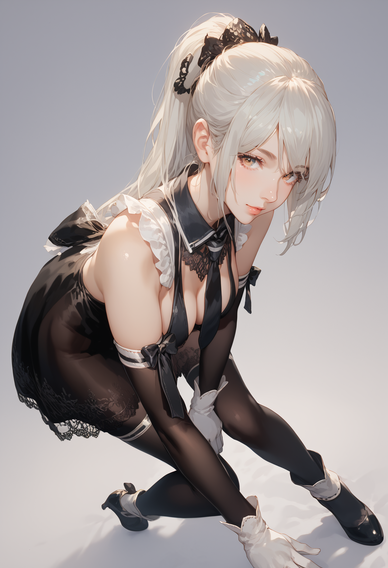 score_9, score_8_up, score_7_up,  BREAK
1girl, yorha2, necktie, white gloves, detached sleeves, white hair, ponytail, mechanical hair binder, breasts, thighhighs, perfect face, perfect hands, dynamic angle, 2b2 heels,
solo, close-up, looking at viewer, hanging hair, head tilt, leaning forward, from side,
pastel colors,
gradient background,
<lora:YoRHa type 2V3:0.8>