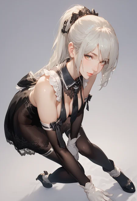 score_9, score_8_up, score_7_up, BREAK
1girl, yorha2, necktie, white gloves, detached sleeves, white hair, ponytail, mechanical hair binder, breasts, thighhighs, perfect face, perfect hands, dynamic angle, 2b2 heels,
solo, close-up, looking at viewer, hanging hair, head tilt, leaning forward, from side,
pastel colors,
gradient background,
<lora:YoRHa type 2V3:0.8>