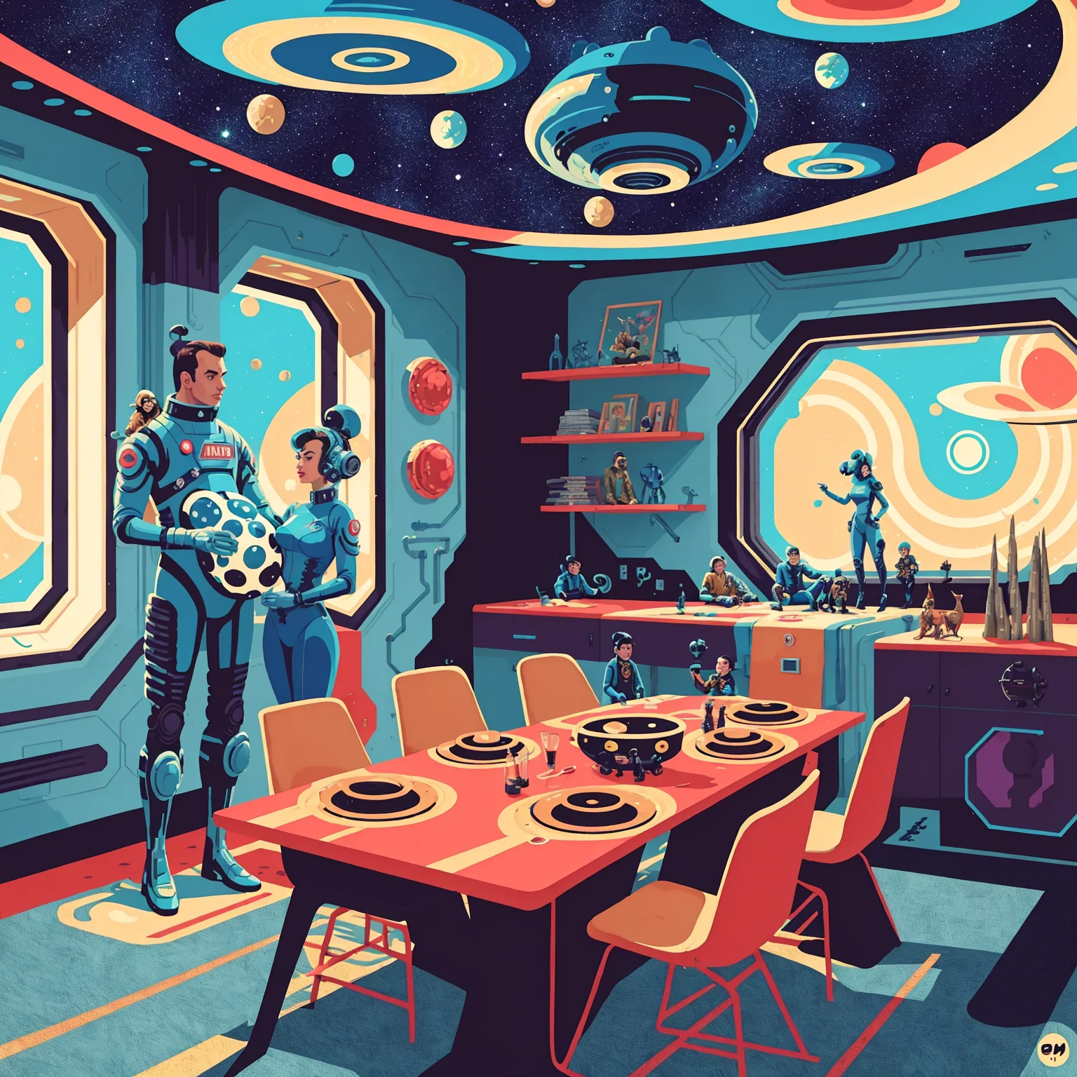 vectorstyle, family living on a large spacious space station orbiting earth carpeting large windows controls levers  (AtomPunkStyleSD15:1.0)
(masterpiece:1.5) (painting:1.1) (best quality) (detailed) (intricate) (8k) (HDR) (wallpaper) (cinematic lighting) (sharp focus) <lora:dreamyVectorStyle_v1:1>