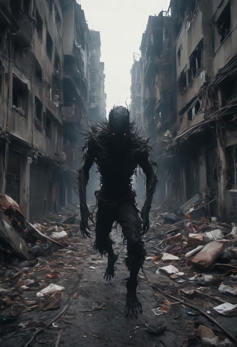 Large DARK abyss above the City, Running through dystopian City, See running hands, Trash, violence, tears, First person, fpv, Large Horror Monster horizon, See hands fpv