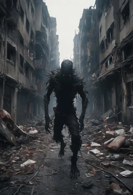 Large DARK abyss above the City, Running through dystopian City, See running hands, Trash, violence, tears, First person, fpv, Large Horror Monster horizon, See hands fpv