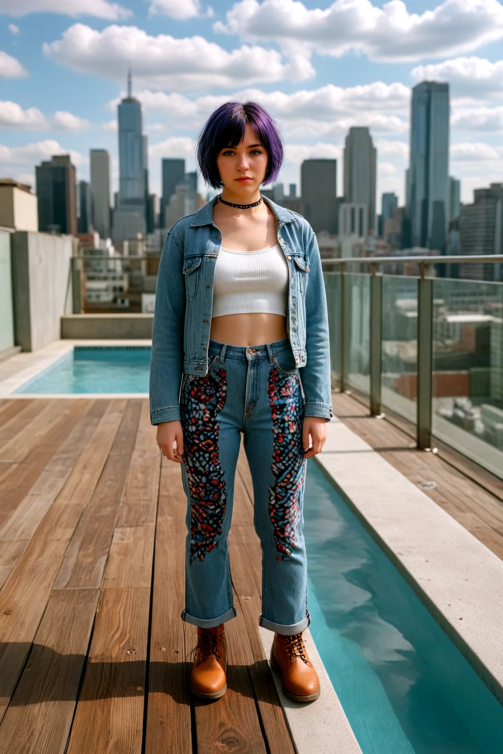 <lora:pytorch_lora_weights_361535:1>,<lora:Skin Color_alpha1.0_rank4_noxattn_250steps:-0.1>,full body,
A amateur street photography of a 24 yo old Women,solo,short hair Hair, indigo Hair,, violet eyes , despair,natural breasts,ass,kawaii,adorable,choker,freckles,
Dressed in Retro Film Class Vibe, colorful patterned flared pants, tight white ribbed top, loose denim jacket, brown platform ankle boots,
a private rooftop pool with a glass barrier, overlooking a panoramic city skyline. The water glows under soft ambient lighting, creating a stylish and exclusive setting,, Masterpiece,best quality,realistic,HDR, 8K, masterpiece, best_quality, absurdres, ultra-detailed, highly_aesthetic, depth_of_field