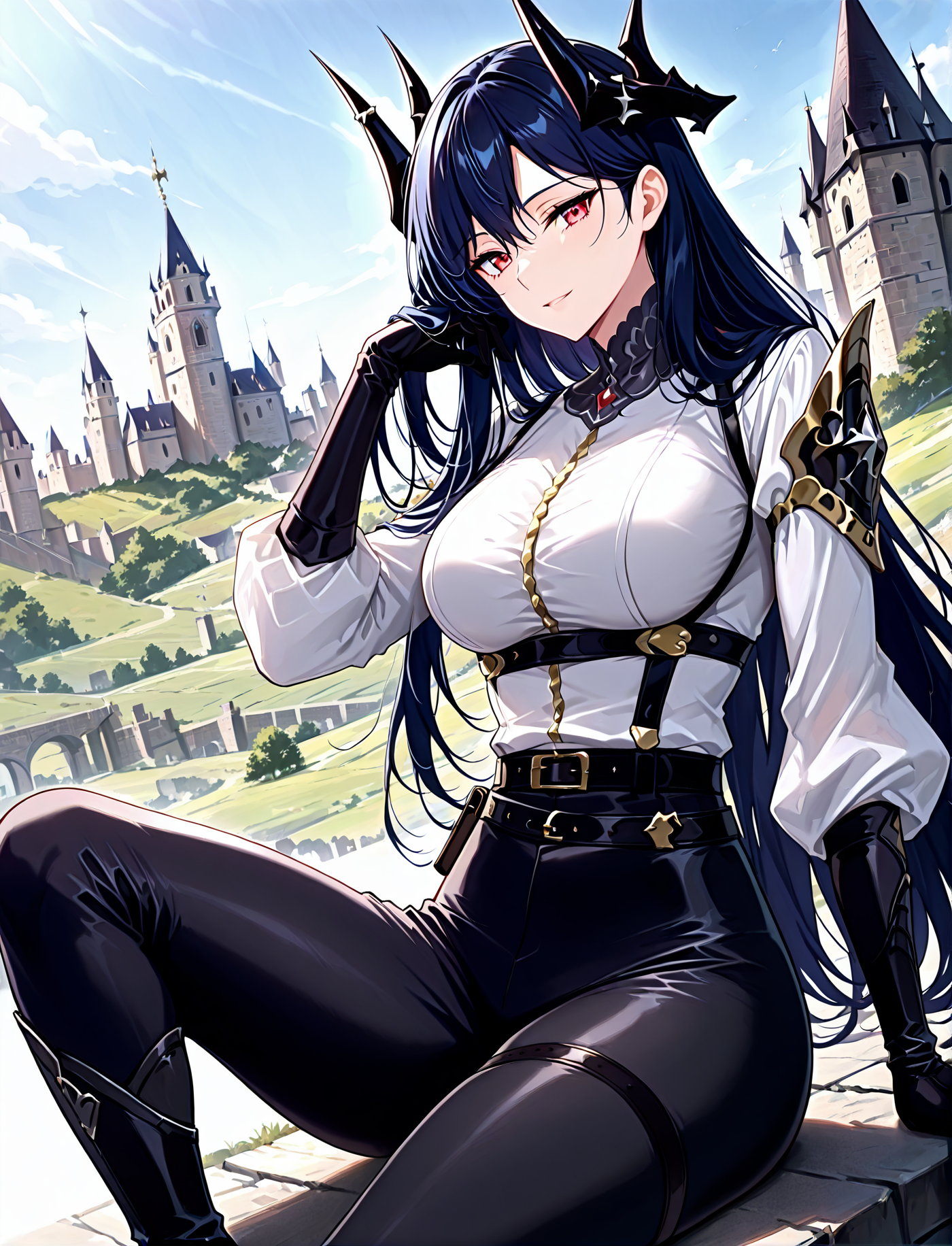 <lora:Caera_Denoir__The_Beginning_After_the_End__Illustrious (1):1>
Caera Denoir, 1girl, solo,dark blue hair, long hair, intricate demon horns, red eyes, tight white blouse with golden buttons, , high-waisted black fitted pants, black gloves, black high-heeled boots, gothic armored shoulder pad, 
score_9, score_8_up, score_7_up, very aesthetic, source_anime, detailed, high quality, beautiful, masterpiece, detailed eyes, castle, village, blurry background, cityscape, pose dynamic angle, light smile, open mouth, hand on hair, sitting
