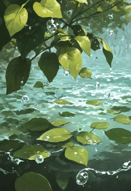 score_9, score_8_up, score_7_up, nature, tree,  leaf, close-up, water drop, <lora:ra1ncloudstyle:1>