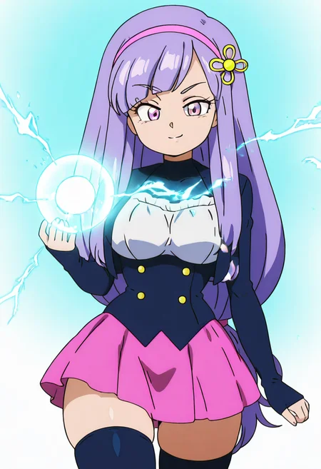 masterpiece, best quality, solo, curvy, beautiful eyes, narrow waist, wide hips, 1girl, solo, smile, looking at viewer, zzVioletta, purple eyes, purple hair, hair ornament, blunt bangs, long hair, low-tied long hair, pink hairband, jacket, sleeves past wrists, pink skirt, black thighhighs, zettai ryouiki, ,<lora:ViolettaByKurumiErika_IXL:1.0>, ,vivid aura, looking at viewer, blue background, smug, aura, super saiyan, charging energy, energy ball, energy, lightning, <lora:DBSBroly_Style_IXL_v2:0.6>, dynamic pose, large breasts, (charging energy, energy ball, electricity), <lora:CuteRetroStyle_IXL_v1:1.0>,