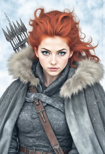 Rembrandt style, masterpiece iconic portrait of Ygritte, wildling beauty, red hair, chalk sketch, fierce expression, survivalist, Game of Thrones, winter tones, fur cloak, ice blue eyes, raw feminine power, rugged elegance, snowbound, bow and arrow, cunning and freedom, wild North, <lora:MysticXXX-V6:0.6>, <lora:test:0.8>, baroque, chiaroscuro, realistic, emotional, flat lighting, Studio Ghibli Dark Fairytale