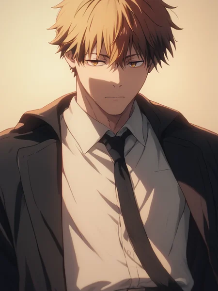 score_9, score_8_up, score_7_up, volumetric lighting, aki hayakawa, white shirt, male focus, black jacket, <lora:chainsawman_pony_v1-1_mx:0.9>
