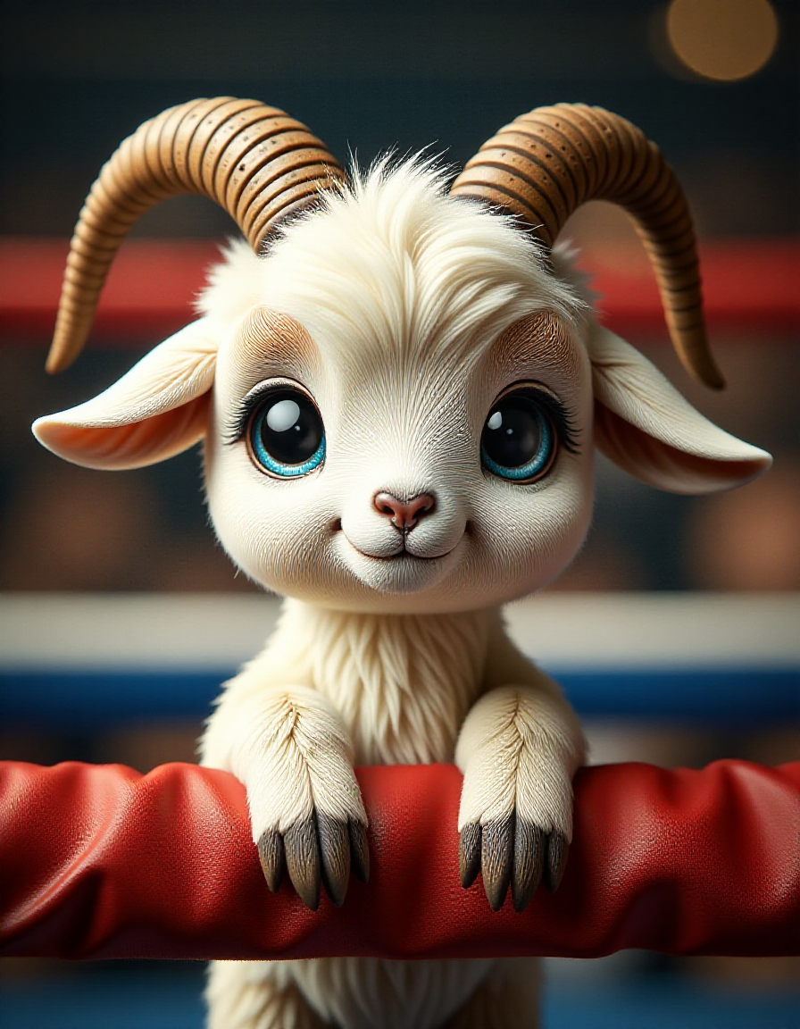 cute small zhibi goat, with cork on his horn ends, with a blue eye, in a boxing ring, looking at viewer <lora:zhibi_flux:1>
