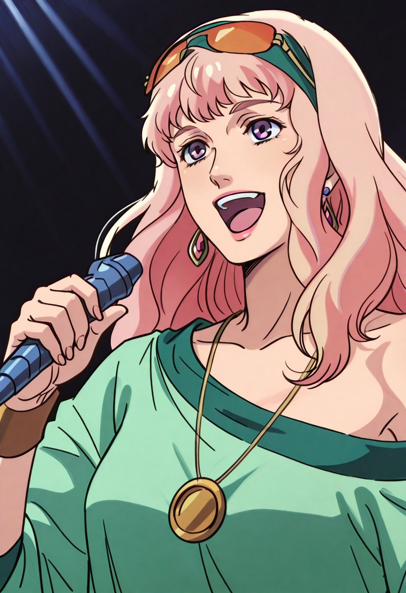 ((CobraADStyle)), ((sheylnome)),masterpiece, very aesthetic,8k,masterpiece, best quality, upper body, 1girl, sheylnome, pink blond hair,green_outfit,one shoulder top , green headband,eyewear on head,earrings, necklace, jewellery , holding microphone, singing , happy 
, impressionism 1.5, high detail, depth of field, blurred background, dramatic lighting, in Stage