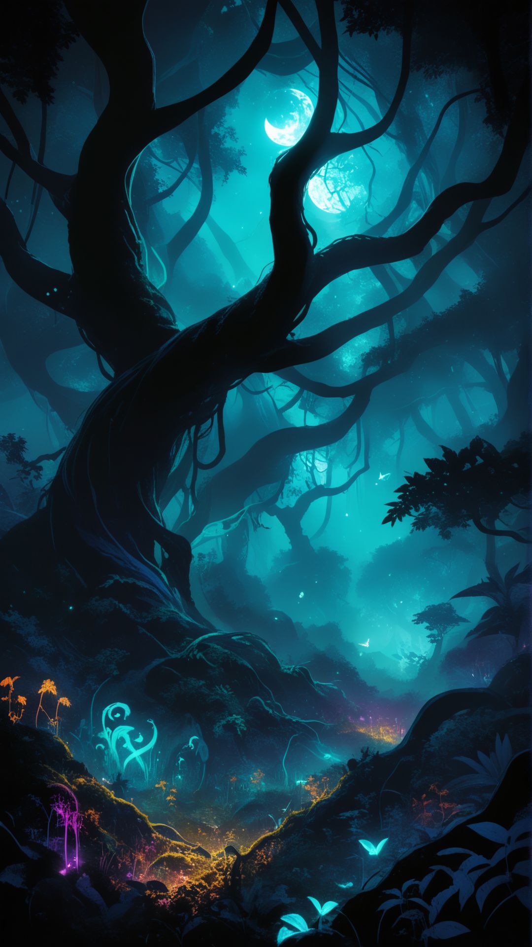 mystic forrest in the night, glowing in the dark,
 (<lora:NIJI V6 (Midjourney):1> aidma-niji niji