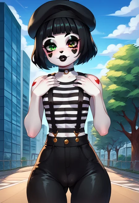 score_9, score_8_up, score_7_up, 1girl, solo, cartoon frog girl, green skin, frog head, large head, anthro, scalie, furry, frog, amphibian, sexy, green eyes, short wavy hair, black hair, thick lips, black lipstick, black eyeliner, mime artist makeup, white face paint, middle breasts, wide hips, (white skin body paint), black choker, mime artist outfit, black beret, black striped shirt, black pants, black suspenders,<lora:Monster_mime_girl_SDXL:1>, dynamic cute poses, dynamic views,  illustration, charturnerv2, Expressiveh mime poses, dynamic views, background city, canada, masterpiece, 4k, best quality