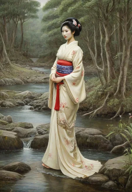 waterhouse painting of realistic detailed geisha at the river in the forest