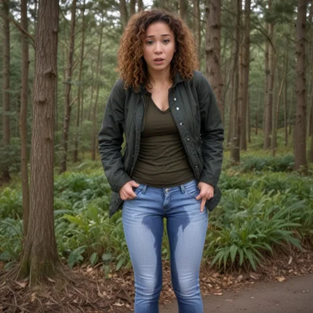 Omo wet
Wetting
Dark spot on crotch
Realistic style.
Cute sexy and fit girl 30 years. Jeans. Winter jacket. Curly hair. Asian. Standing up straight, legs crossed. She just started peeing, only crotch is wet.
Beautiful forest surroundings.
Cute face with a shocked expression.
Full body picture. Show face. Facing camera.
Photo realistic