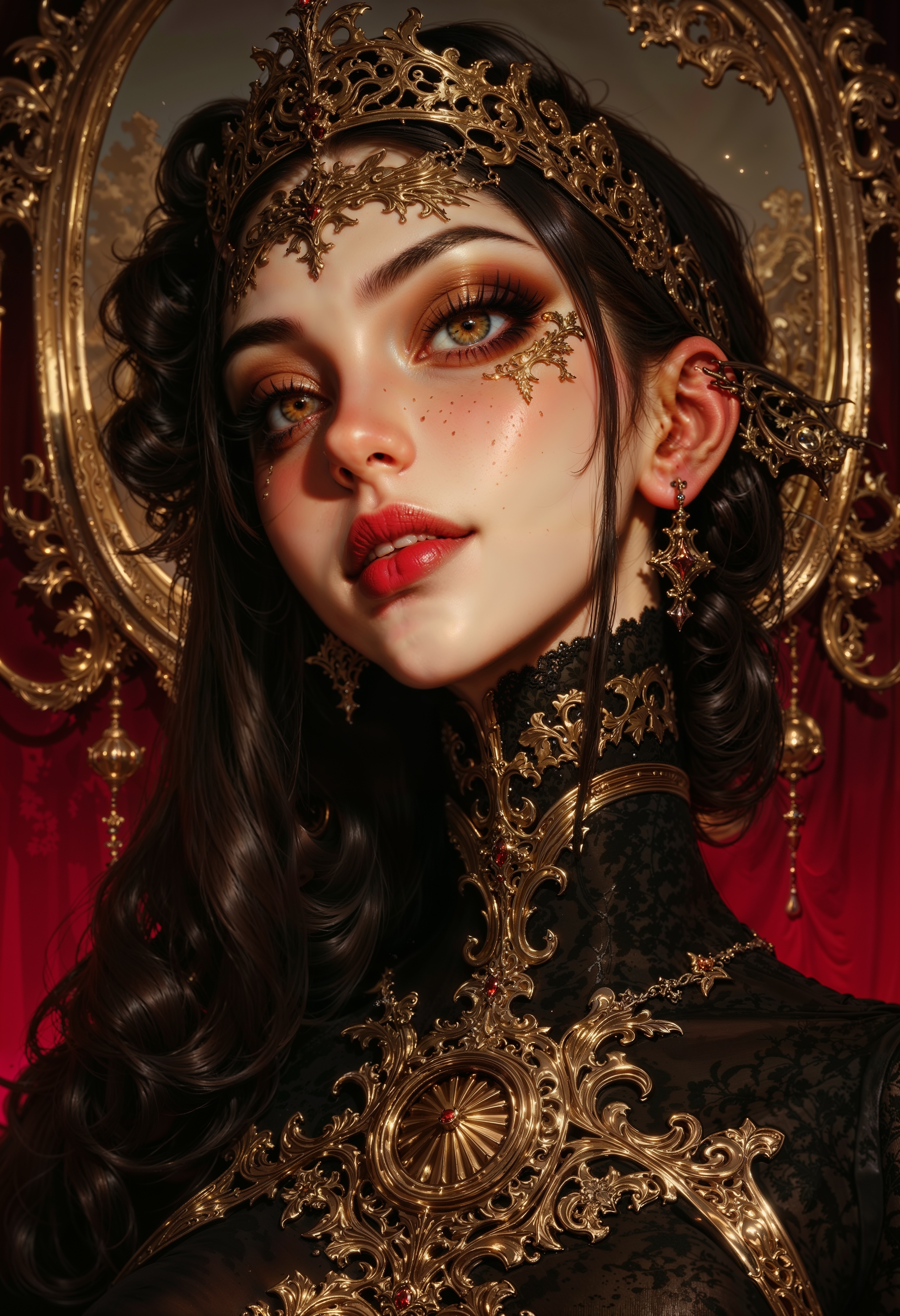 A close-up of an uncanny automaton with a porcelain face, cracked in places to reveal the intricate golden clockwork beneath. Her glassy, lifelike eyes reflect the flickering candlelight of the opulent chamber around her, filled with towering mirrors and ornate velvet drapery. Delicate, golden filigree patterns swirl across her cheeks and down her neck, blending seamlessly into the lace-like metal plating of her collar. Her lips, painted a deep, metallic crimson, curl into a delicate but unsettling smile. Fine golden threads extend from her wrists and shoulders, disappearing into the darkness above, as if unseen hands still control her movements. The faint ticking of unseen gears resonates through the heavy silence, each sound a reminder that she is something caught between life and machine.