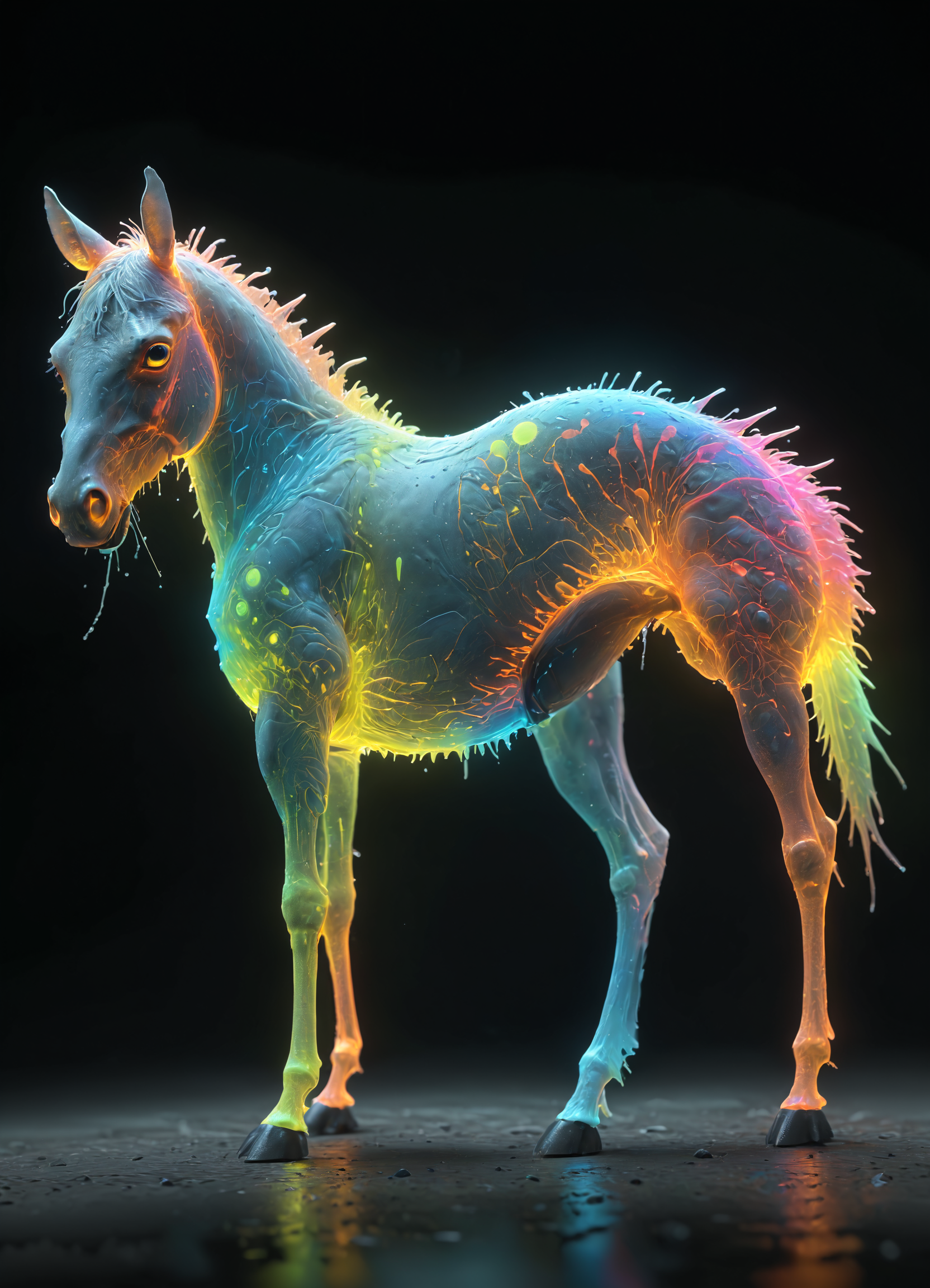 Ombre color scheme of neon pink, neon blue, neon yellow, neon green, neon orange, <lora:add-detail-xl:1> Luminous, Equine , [ Donkey : aphid : 0.3  ] <lora:TheWeirdies_epoch_10:0.8> TheWeirdies <lora:sss:0.6> <lora:envyStarlight_v10:0.6> <lora:ral-rndrps-sdxl:0.6> ral-rndrps