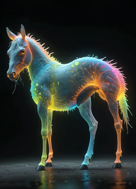 Ombre color scheme of neon pink, neon blue, neon yellow, neon green, neon orange, <lora:add-detail-xl:1> Luminous, Equine , [ Donkey : aphid : 0.3  ] <lora:TheWeirdies_epoch_10:0.8> TheWeirdies <lora:sss:0.6> <lora:envyStarlight_v10:0.6> <lora:ral-rndrps-sdxl:0.6> ral-rndrps