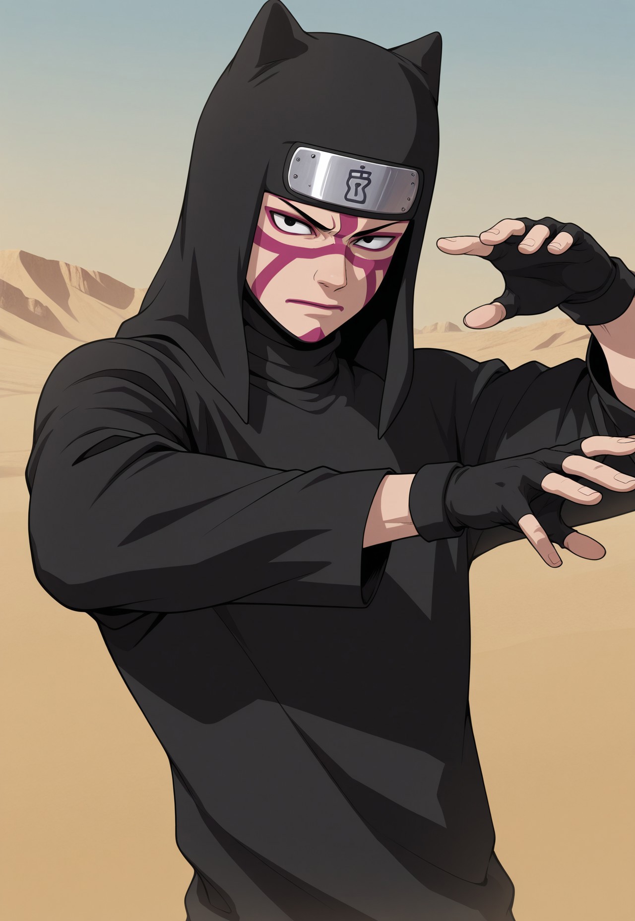 masterpiece, best quality, amazing quality, very aesthetic, absurdres, newest, naurKank, 1boy, solo, facepaint, black eyes, forehead protector, cowl, fingerless gloves, turtleneck shirt, fighting stance, upper body, desert