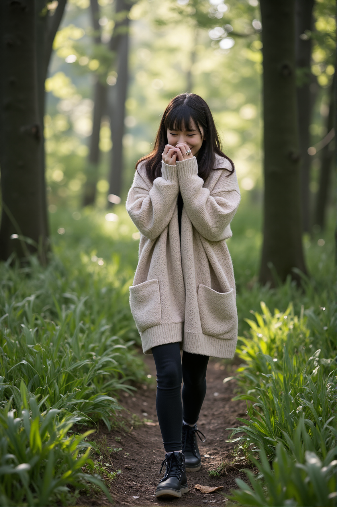 In a mossy forest glade, a waifu walks along a dew-kissed path, wrapped in an oversized wool cardigan. The morning soft light streams through the towering trees, illuminating the mist that clings to the air. She breathes deeply, appreciating the natural elements around herâthe scent of damp earth, the rustle of leaves, the distant call of a bird. Her gentle smile is one of quiet contentment, capturing a peaceful, almost ethereal moment.
<lora:anime-waifu-flux:1>