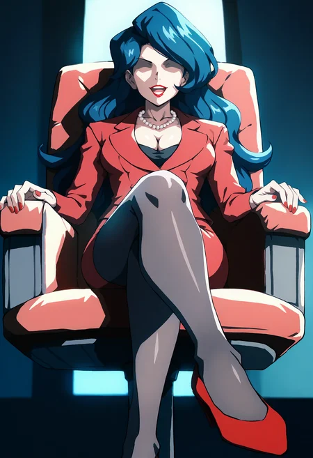 score_9, score_8_up, score_7_up, score_6_up, <lora:PMMB:1>, PMMB, blue hair, lipstick, long hair, red nails, shaded face, faceless female, no eyes, medium breasts,
pearl necklace, red skirt suit, red jacket, cleavage, red footwear, high heels, red skirt, pencil skirt, black pantyhose, 
sitting, on chair, crossed legs, seductive smile, open mouth, from below,
BREAK, indoors, dark background, night, dim lighting,