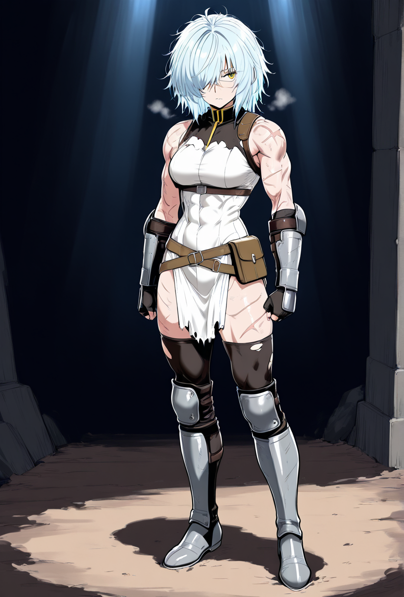 (masterpiece, best quality, ultra-detailed:1.4),
solo,1girl, (light blue hair:1.3), short messy hair, bangs,
(yellow eyes:1.5), (battle-worn expression:1.3), (scar over one eye:1.5), (intimidating aura:1.3),
(hair covering one eye:1.5), (bangs covering left eye:1.4), (left eye obscured by hair:1.4), (hair over eye:1.3),
(battle-hardened:1.4), (war veteran:1.3), (many scars:1.3), (visible wounds:1.2), (weathered face:1.2), (dirt and grime:1.2),
(toned arms:0.6), (muscle tension visible:0.3), (slim but athletic build:1.1), (strong female warrior:1.1),
(full body:1.3)à¸¡
(dynamic lighting:1.3), (gritty, rough textures:1.2), light armor, medieval cloth,
looking at viewer, (hair slightly messy:1.2),
fullbody, (torn and worn-out fighter outfit:1.2),
 <lora:VioletV2:1>