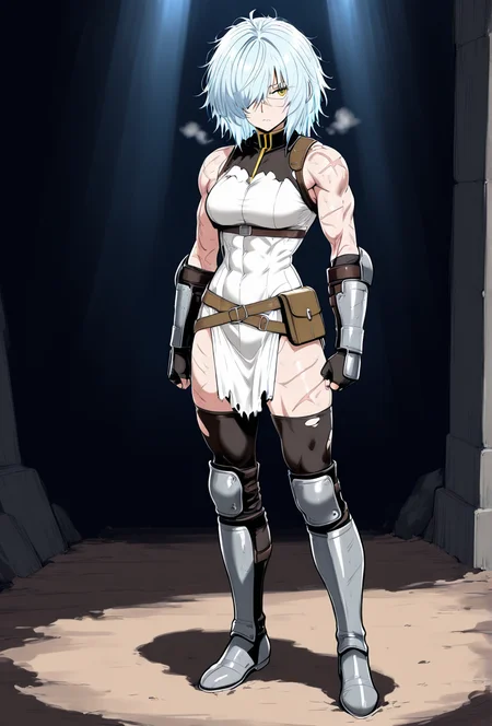 (masterpiece, best quality, ultra-detailed:1.4),
solo,1girl, (light blue hair:1.3), short messy hair, bangs,
(yellow eyes:1.5), (battle-worn expression:1.3), (scar over one eye:1.5), (intimidating aura:1.3),
(hair covering one eye:1.5), (bangs covering left eye:1.4), (left eye obscured by hair:1.4), (hair over eye:1.3),
(battle-hardened:1.4), (war veteran:1.3), (many scars:1.3), (visible wounds:1.2), (weathered face:1.2), (dirt and grime:1.2),
(toned arms:0.6), (muscle tension visible:0.3), (slim but athletic build:1.1), (strong female warrior:1.1),
(full body:1.3)ม
(dynamic lighting:1.3), (gritty, rough textures:1.2), light armor, medieval cloth,
looking at viewer, (hair slightly messy:1.2),
fullbody, (torn and worn-out fighter outfit:1.2),
<lora:VioletV2:1>