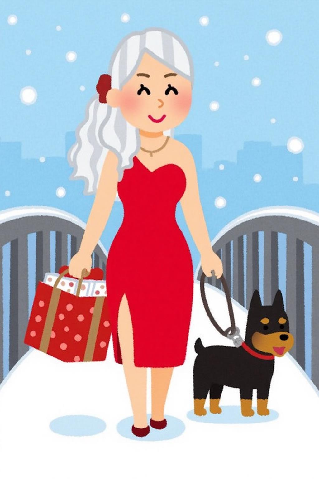 irasutoya1 illustration.
A woman with long, wavy white hair is wearing a red dress with a high slit and a red bow in her hair. She is walking in the snow on a bridge, holding a shopping bag filled with wrapped presents in one hand and a leash attached to a dobermann dog in the other. 
 <lora:irasutoya1_cap_d8a4e8:1.0><lora:846884887951592766:0>