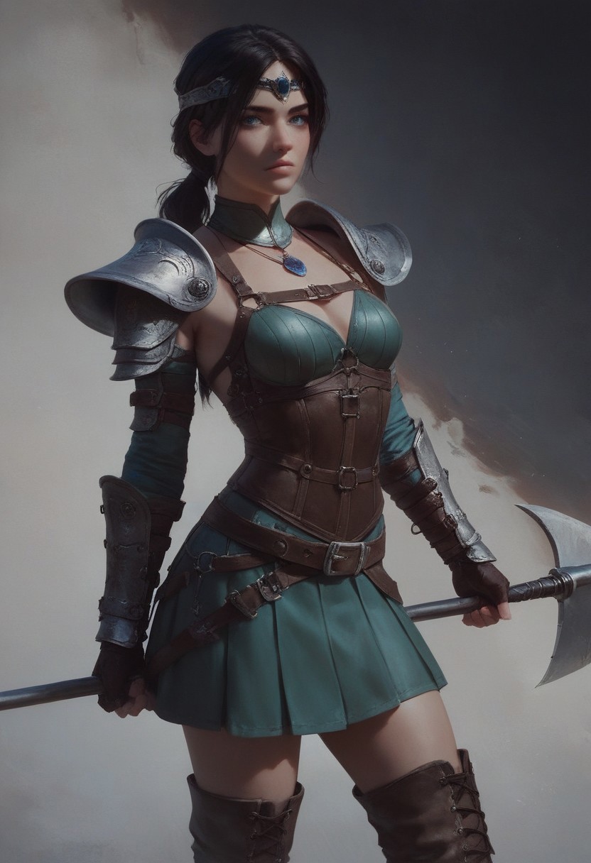 score_9, score_8_up, score_7_up, score_6_up, score_5_up, 1girl, delicate girl, beautiful girl, standing, view from side, looking over shoulder, stern expression, feminine face, green leather armor, corset, bare thighs, boots, blue eyes, beautiful small nose, beautiful face, sultry, seductive, dark hair, medieval clothes, light abs, brown leather belt, slim body, medium breasts, leather harness, halberd, realistic, paneled skirt, low ponytail, circlet, bangles, pendant necklace, romantic style, simple black background, medium shot, concept art,