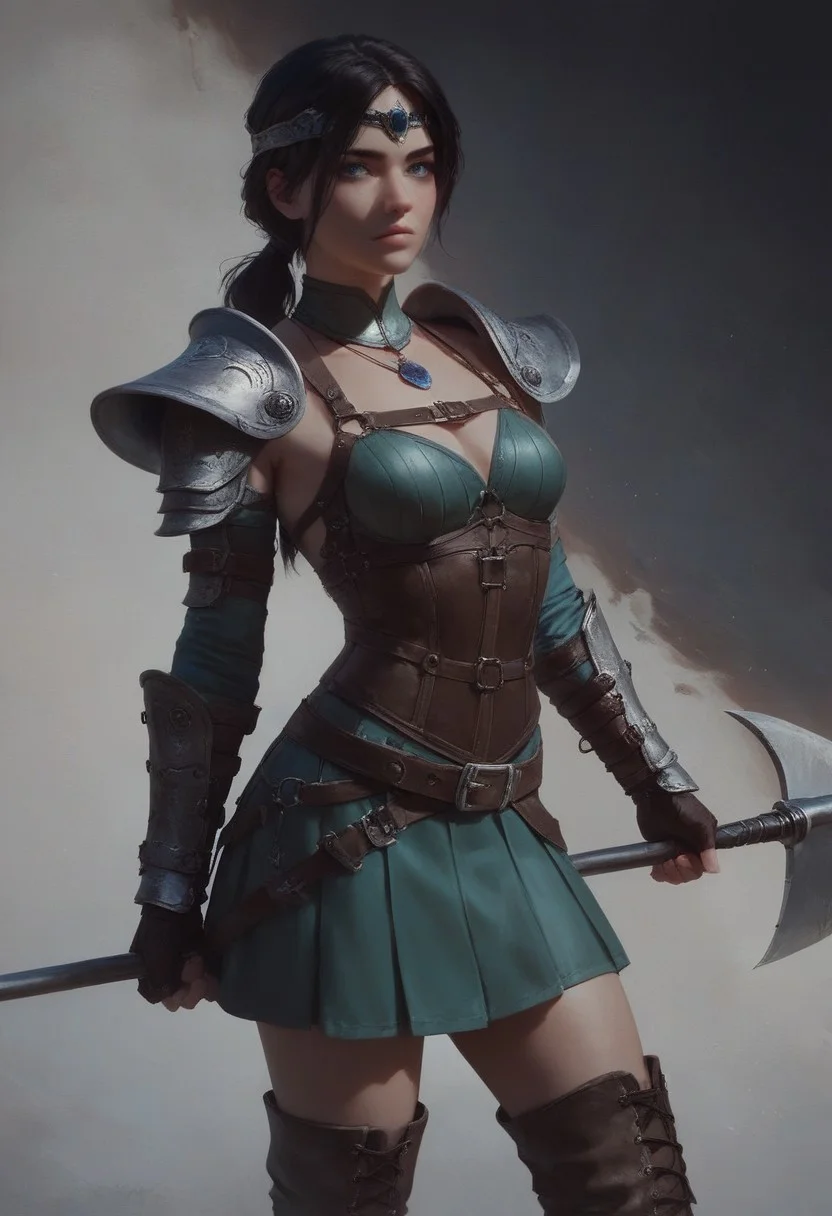 score_9, score_8_up, score_7_up, score_6_up, score_5_up, 1girl, delicate girl, beautiful girl, standing, view from side, looking over shoulder, stern expression, feminine face, green leather armor, corset, bare thighs, boots, blue eyes, beautiful small nose, beautiful face, sultry, seductive, dark hair, medieval clothes, light abs, brown leather belt, slim body, medium breasts, leather harness, halberd, realistic, paneled skirt, low ponytail, circlet, bangles, pendant necklace, romantic style, simple black background, medium shot, concept art,