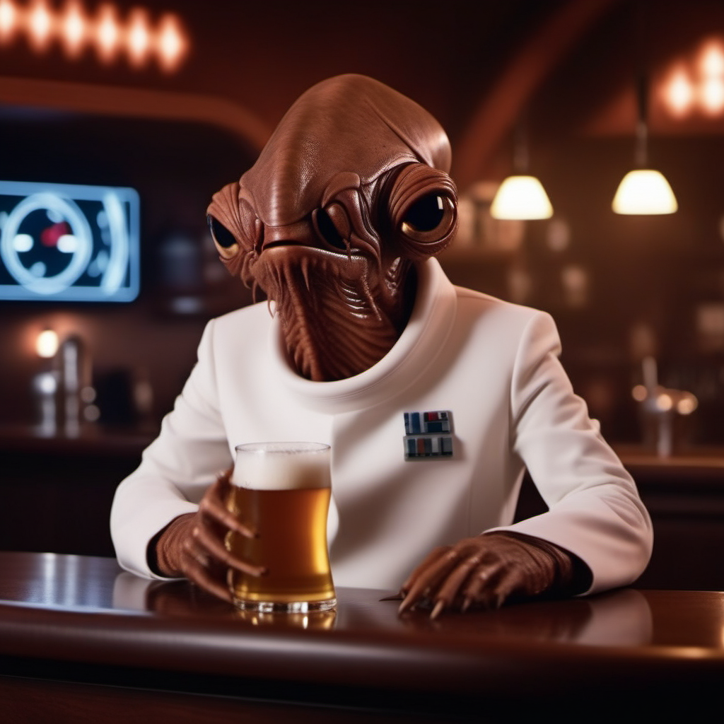 cinematic photo an alien with a strange looking face, star wars, white suit, having a beer in a pub, +++(((text ''it's a tap'')))  <lora:AmiralAckbar1024:0.8> . 35mm photograph, film, bokeh, professional, 4k, highly detailed