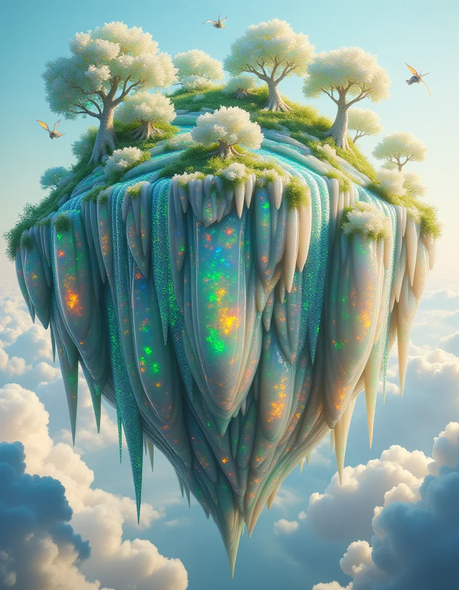 A massive floating island suspended in a glowing, opalescent sky filled with soft clouds. The islandâs surface is carved from ral-opal, its flowing patterns glowing in shifting hues of green, blue, and orange. Waterfalls of shimmering opal liquid cascade off the edges, sending glowing droplets into the radiant abyss below. Glowing opal flora covers the island, their translucent petals catching the soft light from a sun that glimmers faintly through the opalescent sky. Small flying creatures, with wings that glow like opal shards, flutter between the trees, creating a harmonious, dreamlike scene of wonder.
<lora:ral-opal-flux_000004000:1>