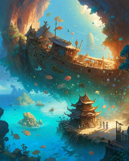 ethereal fantasy concept art of anime artwork treacherous razor reefs surrounding shipwreck graveyard markets, waters teeming with treasure-chest piranhas that guard crystalized siren songs, Art painting by Satoshi Kon and junji ito and Tran Nguyen, ,
<lora:Wild_Anime_2025:0.3>,
<lora:extremely_detailed:0.7> extremely detailed ,
<lora:add-detail-xl:0.7>,
<lora:ppw_v7_animv4_1_r2:0.15>,
<lora:Vivid Midjourney mimic - XL SDXL v2.0:0.5> . anime style, key visual, vibrant, studio anime, highly detailed . magnificent, celestial, ethereal, painterly, epic, majestic, magical, fantasy art, cover art, dreamy