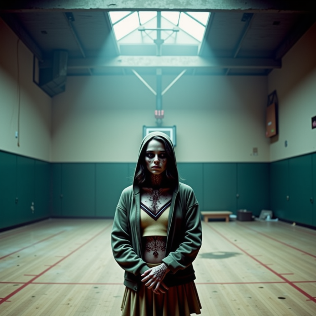 analog film photo Cowboy shot, decaying school gymnasium, cold morning light: A young zombie woman in a torn hoodie and cheer uniform stands in the middle of a dusty court, basketball hoop hanging loosely above her. Her skin is grey-olive with patches of cracked dryness at the joints; her white sclera eyes stare through the camera. Her lower lip is torn, but her posture is ordinaryâarms folded, body weight slightly leaned to one side. Shot on a Hasselblad 503CW, 150mm Sonnar, film: Ilford Delta 400. Natural light from a broken skylight above creates shafts of cool contrast, with bounce from the polished court floor adding subtle fill. The whole frame is quiet, almost beautiful in its sadnessâforgotten youth, still standing.
 <lora:undead denizens v2.2:1> . faded film, desaturated, 35mm photo, grainy, vignette, vintage, Kodachrome, Lomography, stained, highly detailed, found footage