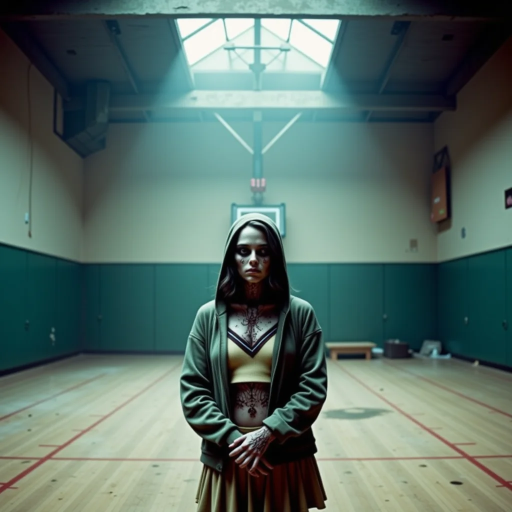 analog film photo Cowboy shot, decaying school gymnasium, cold morning light: A young zombie woman in a torn hoodie and cheer uniform stands in the middle of a dusty court, basketball hoop hanging loosely above her. Her skin is grey-olive with patches of cracked dryness at the joints; her white sclera eyes stare through the camera. Her lower lip is torn, but her posture is ordinary—arms folded, body weight slightly leaned to one side. Shot on a Hasselblad 503CW, 150mm Sonnar, film: Ilford Delta 400. Natural light from a broken skylight above creates shafts of cool contrast, with bounce from the polished court floor adding subtle fill. The whole frame is quiet, almost beautiful in its sadness—forgotten youth, still standing.
<lora:undead denizens v2.2:1> . faded film, desaturated, 35mm photo, grainy, vignette, vintage, Kodachrome, Lomography, stained, highly detailed, found footage
