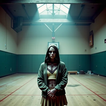 analog film photo Cowboy shot, decaying school gymnasium, cold morning light: A young zombie woman in a torn hoodie and cheer uniform stands in the middle of a dusty court, basketball hoop hanging loosely above her. Her skin is grey-olive with patches of cracked dryness at the joints; her white sclera eyes stare through the camera. Her lower lip is torn, but her posture is ordinaryâarms folded, body weight slightly leaned to one side. Shot on a Hasselblad 503CW, 150mm Sonnar, film: Ilford Delta 400. Natural light from a broken skylight above creates shafts of cool contrast, with bounce from the polished court floor adding subtle fill. The whole frame is quiet, almost beautiful in its sadnessâforgotten youth, still standing.
<lora:undead denizens v2.2:1> . faded film, desaturated, 35mm photo, grainy, vignette, vintage, Kodachrome, Lomography, stained, highly detailed, found footage