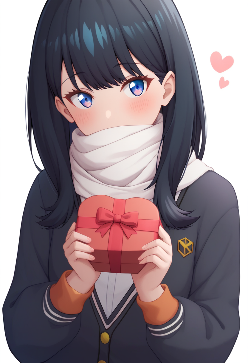 score_9,score_8_up,score_7_up,<lora:takarada_rikka_pony:1>,1girl, takarada_rikka, solo, upper_body, holding_gift, blush, sweater, coat, highres, cardigan, heart, open_jacket, school_uniform, covered_mouth, scarf_over_mouth, looking_at_viewer, white_background, commentary_request, enpera, incoming_gift, black_jacket, simple_background