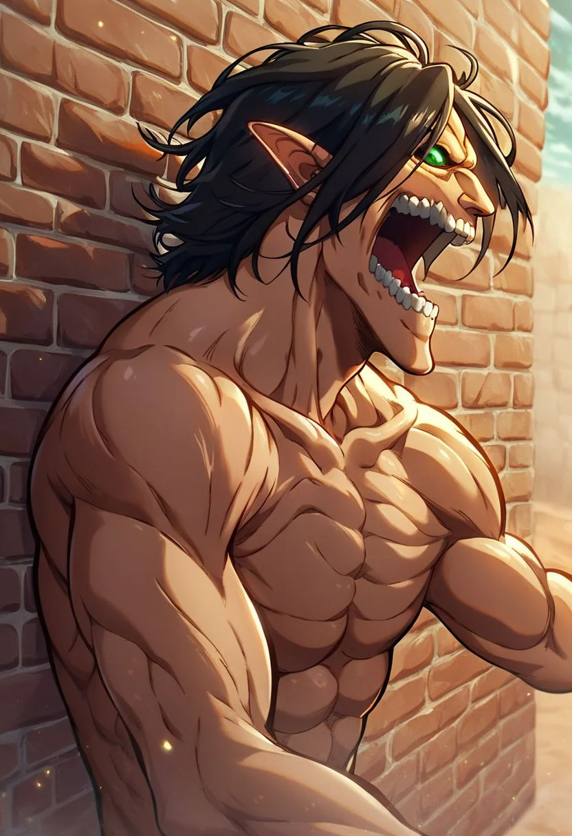 (score_9, score_8_up, score_7_up:1.2)source_anime,(rating_safe),( Xerenx :1.0),(Eren Yaeger Titan standing peeking over a very high wall:1.5), green ligthings eyes,screaming, (The wall is in front of him and the peer and chest resting on the wall with arms:1.5),frontal face , Screaming, desert background, looking happy at the viewer,black eyes,( full body :1.0)