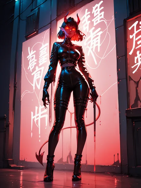 score_9, score_8_up, score_7_up, score_6_up, score_5_up,   <lora:g0th1c2XLP:0.8> g0th1c, glowing eyes, neon lights, 1girl, devil, horns, latex, full body, demon, painting