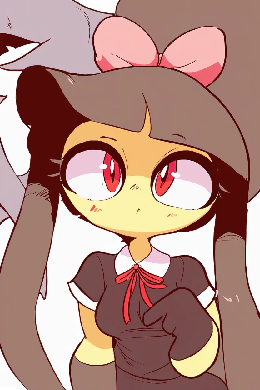 score_9, score_8_up, score_8, medium breasts, (curvy), cute, eyelashes, nintendo, pokemon, pokemon species, gen 3 pokemon, mawile, gaghiel (diives), 1girl, anthropomorphization, bangs, black gloves, blunt bangs, bow, brown hair, clothing, collared shirt, female, female only, gloves, hair bow, hair ornament, long hair, looking at viewer, mute, neck ribbon, neckwear, pink bow, ponytail, red eyes, red neckwear, red ribbon, ribbon, shirt, short hair, solo, tied hair, upper body , head tilt, <lora:Diives_P1:1>,