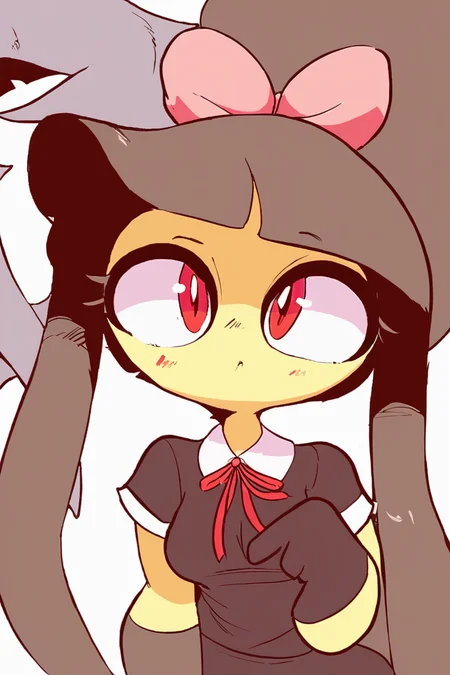score_9, score_8_up, score_8, medium breasts, (curvy), cute, eyelashes,     nintendo, pokemon, pokemon species, gen 3 pokemon, mawile, gaghiel (diives), 1girl, anthropomorphization, bangs, black gloves, blunt bangs, bow, brown hair, clothing, collared shirt, female, female only, gloves, hair bow, hair ornament, long hair, looking at viewer, mute, neck ribbon, neckwear, pink bow, ponytail, red eyes, red neckwear, red ribbon, ribbon, shirt, short hair, solo, tied hair, upper body , head tilt,     <lora:Diives_P1:1>,
